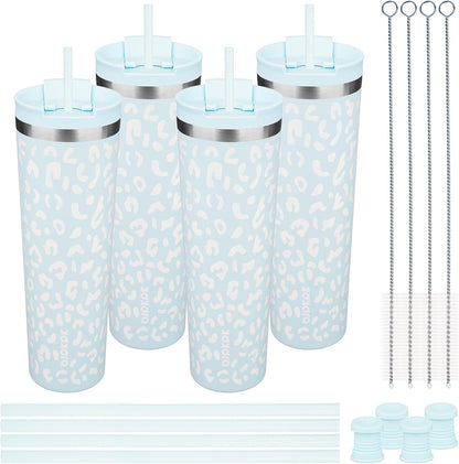BJPKPK 4 Pack Tumbler with Lid and Straw,30oz Insulated Tumblers Bulk Reusable Travel Coffee Mug, Dishwasher Safe Double Wall Vacuum Insulated Cup Gift for Men Women,Light Blue Leopard