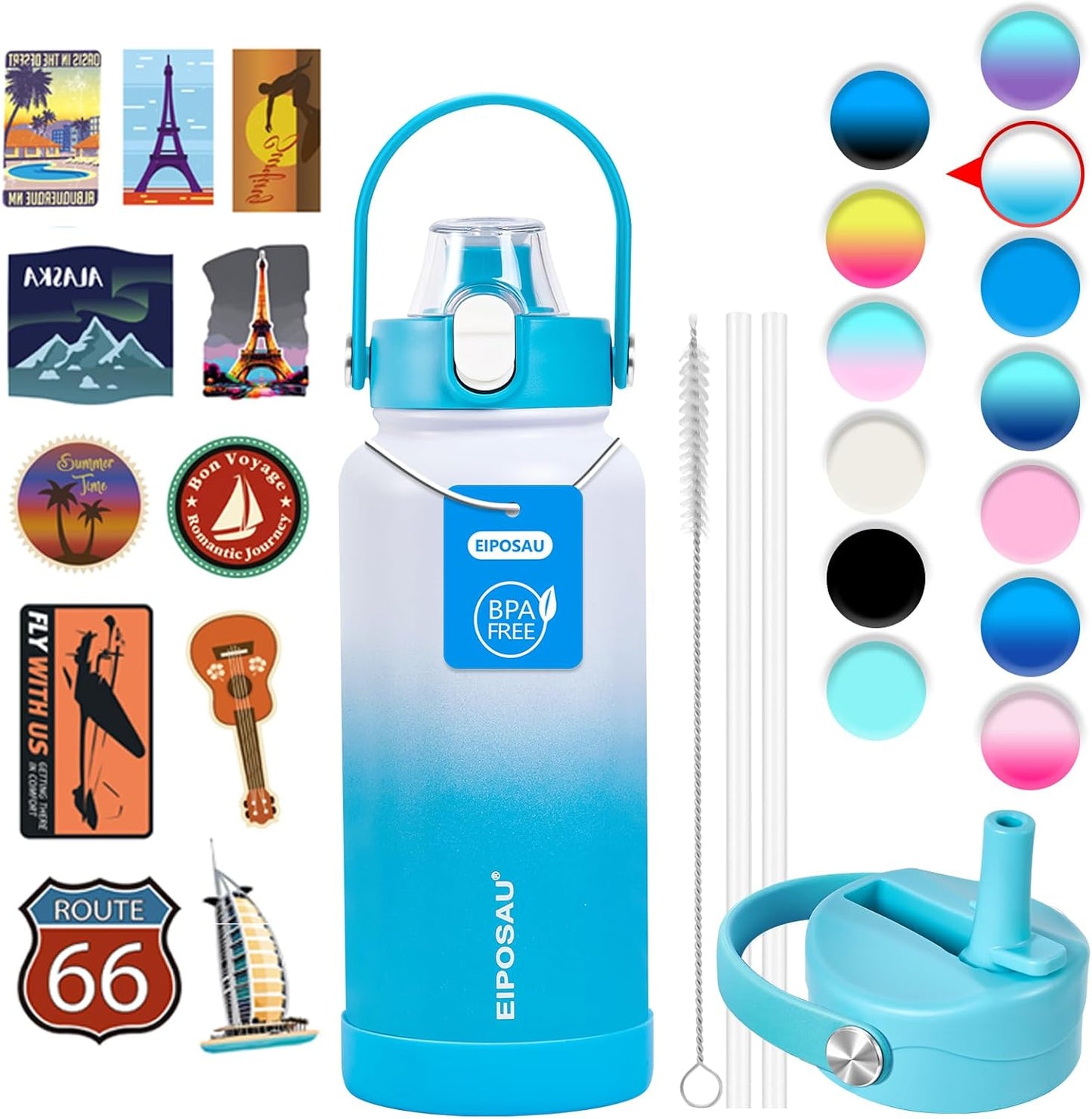 Insulated Water Bottle with Lid & Boot & Stickers, 24 oz Stainless Steel Sweat Free Bottle Keep Cold 24H, BPA-Free Sports Wide Mouth Water Bottle, BlueBlack