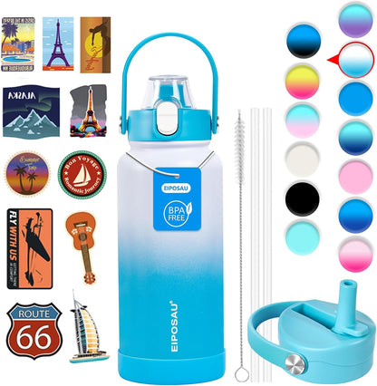 Insulated Water Bottle with Lid & Boot & Stickers, 24 oz Stainless Steel Sweat Free Bottle Keep Cold 24H, BPA-Free Sports Wide Mouth Water Bottle, BlueBlack