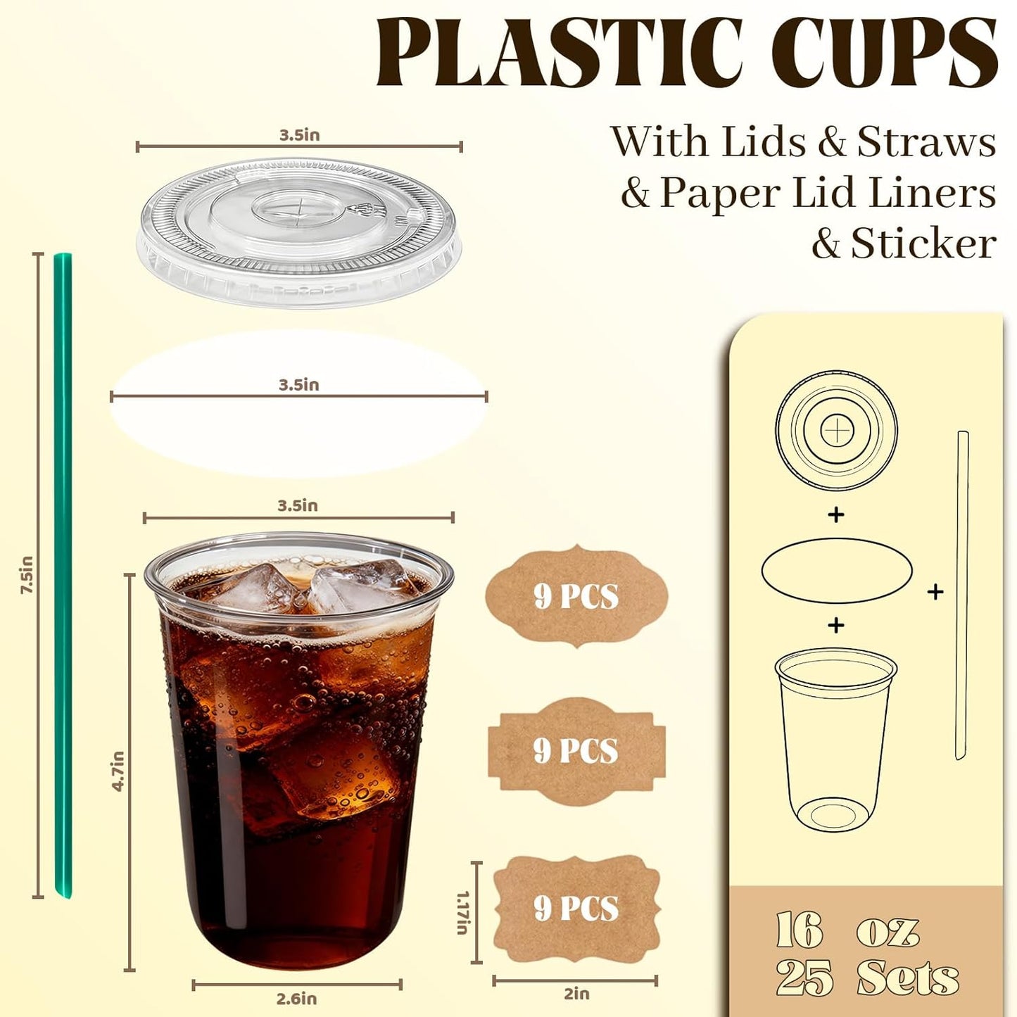 25 Sets 16 oz Clear Plastic Cups with Lids and Straws, Disposable Iced Coffee Cups for Cold Beverages, Smoothies, Bubble Tea, Includes Leak-Proof Paper and Stickers