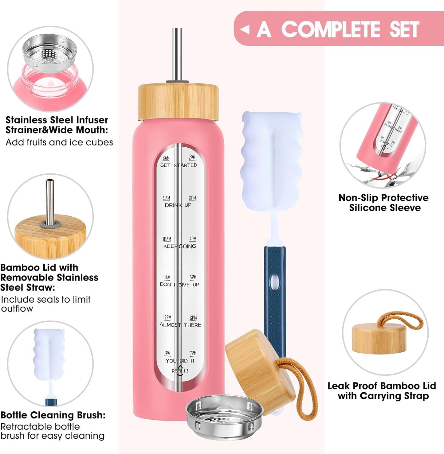 SipZest 32 oz Glass Water Bottle with Straw - Motivational Time Marker & Silicone Sleeve - Reusable Tumbler Includes 2 Bamboo Lids & Fruit Infuser - 1 Pack