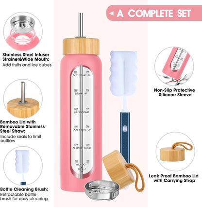 SipZest 32 oz Glass Water Bottle with Straw - Motivational Time Marker & Silicone Sleeve - Reusable Tumbler Includes 2 Bamboo Lids & Fruit Infuser - 1 Pack