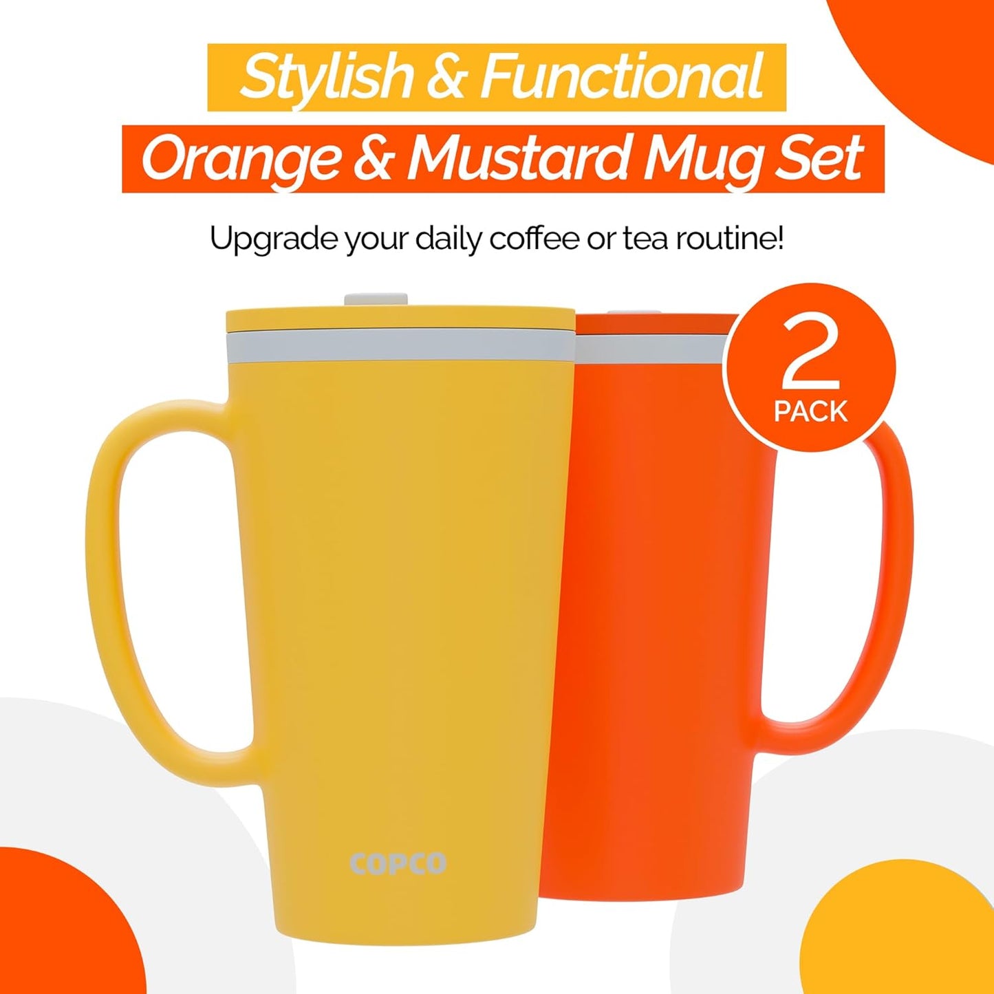Copco Cone Desk Mug, 16 oz (Set of 2) - Double Wall Insulated Mugs with Handle, Reusable Tumbler Set with Twist-Off Spill Resistant Lid, BPA-Free, Microwave & Dishwasher Safe (Orange/Mustard)