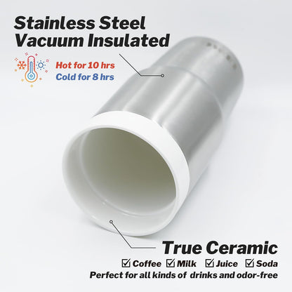 True Ceramic Lined (Not Coated) Stainless Steel Vacuum Insulated Travel Coffee Tumbler, No Metallic Taste, 16oz for Coffee & Tea On-The-Go (Original Steel)