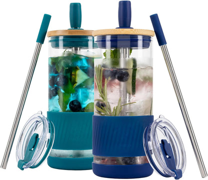 Pandaloo® Glass Cups With Lids and Straws -20 Fl Oz- Perfect Size Iced Coffee Cup - Smoothie Cup With Bamboo Lid and On the go Lid - Glass Tumbler With Straw (1 Count (Pack of 1), Lilac Rhapsody)