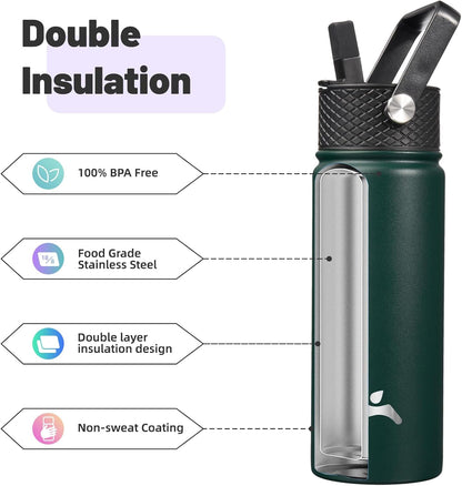 Konokyo 22oz Stainless Steel Bottles with 3 Lids Sport Insulated Water Bottle,Mint