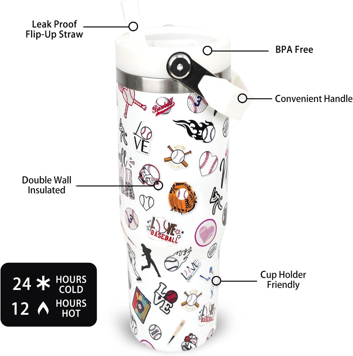30 oz Tumbler with Handle Flip Straw Leak Proof - Pickleball Mug 30oz Tumbler Travel Coffee Mug with Handle - Birthday Gifts for Women Pickleball Lovers Players 30 Ounce Stainless Steel Cup