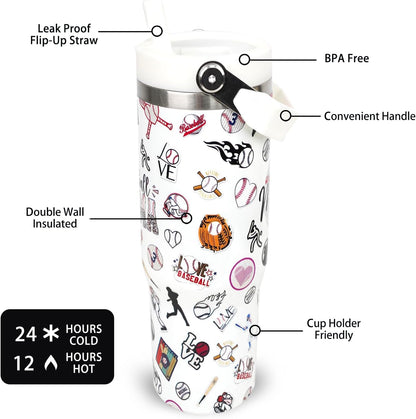 30 oz Tumbler with Handle Flip Straw Leak Proof - Pickleball Mug 30oz Tumbler Travel Coffee Mug with Handle - Birthday Gifts for Women Pickleball Lovers Players 30 Ounce Stainless Steel Cup