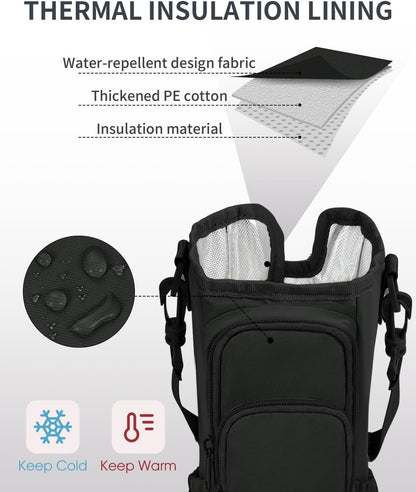 sportsnew Water Bottle Carrier Bag with Phone Pocket for 30oz 40oz Tumbler with Handle Accessories Insulated Water Bottle Holder Pouch with Strap Crossbody with Straw Cover