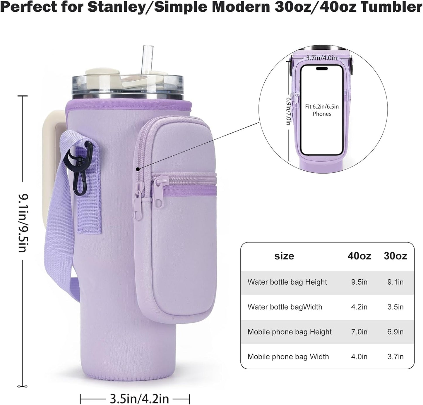 GOEWY Water Bottle Carrier Bag for Stanley 40/30 oz Tumbler with Phone Pocket Neoprene Water Bottle Holder with Shoulder & Handheld Strap Stanley Cup Accessories