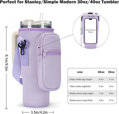 GOEWY Water Bottle Carrier Bag for Stanley 40/30 oz Tumbler with Phone Pocket Neoprene Water Bottle Holder with Shoulder & Handheld Strap Stanley Cup Accessories