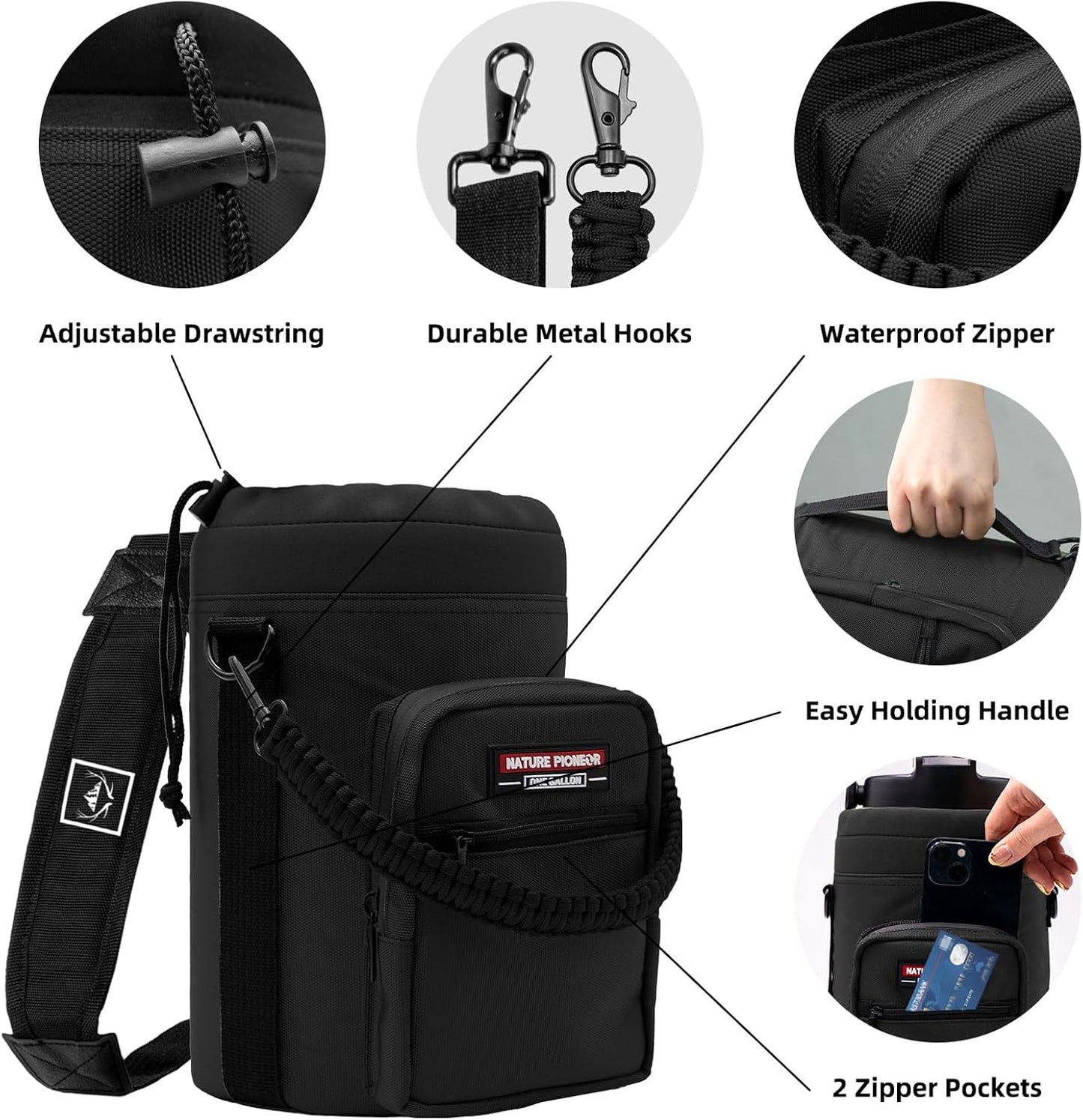 NATURE PIONEOR Water Bottle Holder with Adjustable Strap - Half/One Gallon (64/128oz) Insulated Water Bottle Sling Carrier with Phone Pocket & Paracord Handle, Outdoor Camping, Hiking, Gym