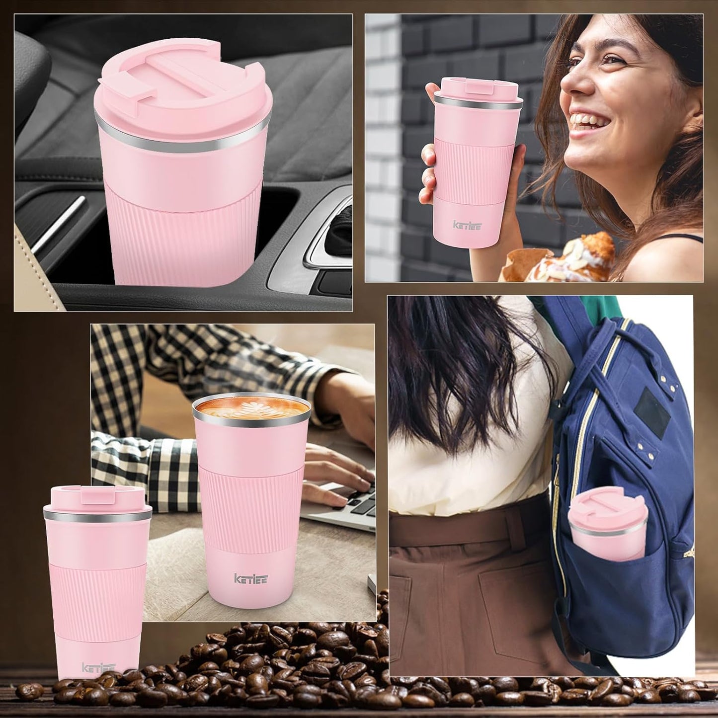 KETIEE Travel Coffee Mug Spill Proof 12oz, Insulated Travel Mug to Go, Reusable Coffee Cup with Seal Lid, Vacuum Stainless Steel Tumbler for Hot/Cold Drinks (Red)