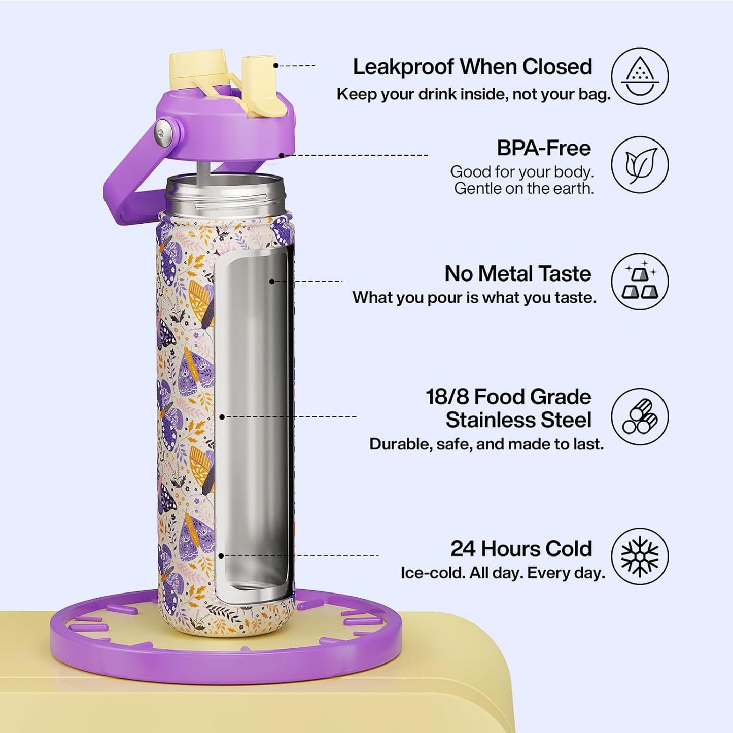 ENCOOL Insulated Water Bottle with Straw Stainless Steel Water Bottle, Leak-Proof, BPA-Free, Double Wall Vacuum Keeps Cold for 24 Hours for Sports, Travel, School (26 oz, Cotton Candy) - Colors A