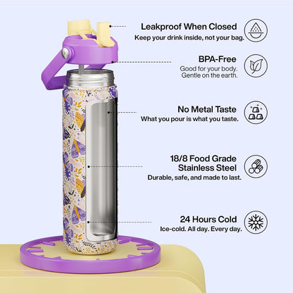 ENCOOL Insulated Water Bottle with Straw Stainless Steel Water Bottle, Leak-Proof, BPA-Free, Double Wall Vacuum Keeps Cold for 24 Hours for Sports, Travel, School (26 oz, Cotton Candy) - Colors A