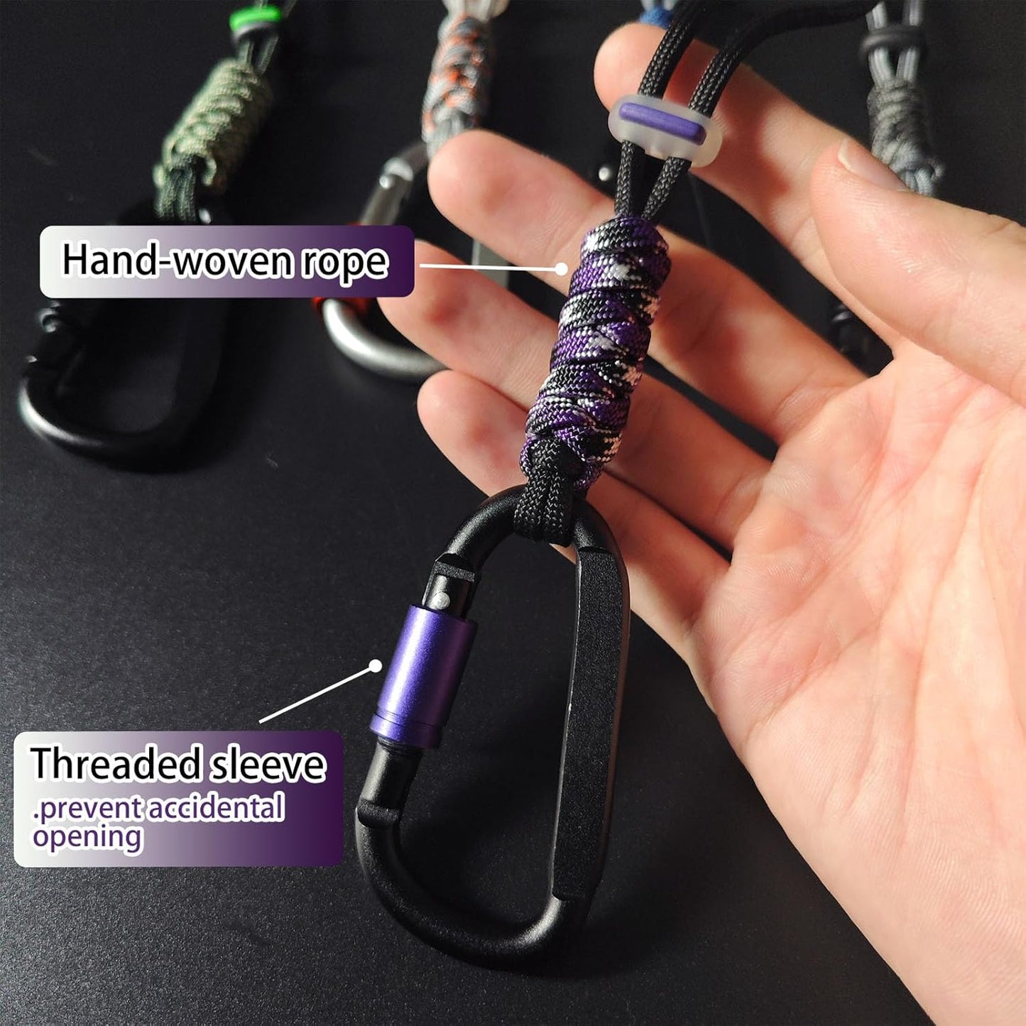Paracord Keychain/Carabiner Clip - Jaymokes D Ring Metal Hook for Water Bottle, Key, Backpacks and More