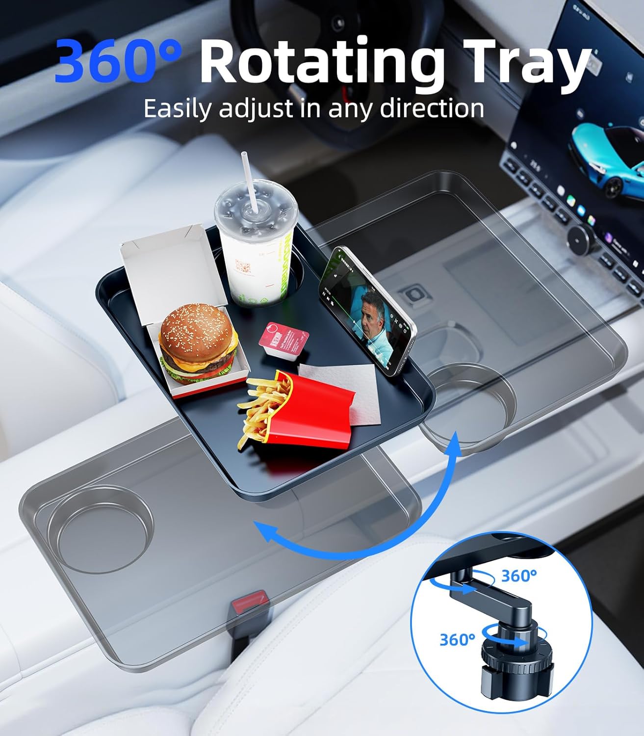 Car Cup Holder Tray, Car Food Tray Table for Car Eating Lunch, Cup Holder Expander Insert Interior, Long Road Trip Essentials Travel Patrol Accessories Drink Holder Organizer for Semi Truck Rv