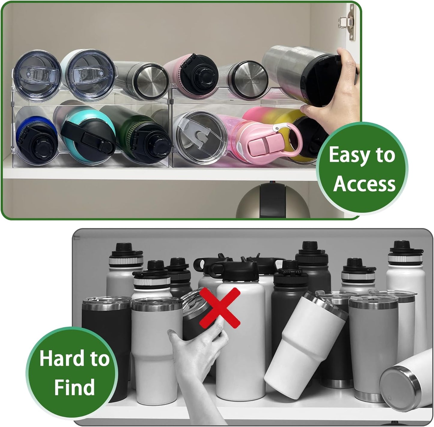 Spaclear 2 Pack Water Bottle Organizer, Stackable Kitchen Pantry Storage Shelf, Plastic Water Bottle Holder for Cabinet and Fridge Organization