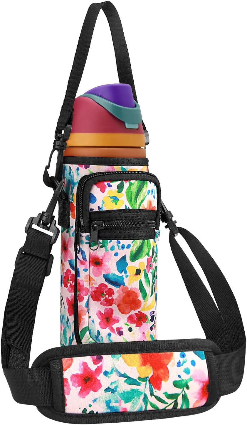 Neoprene Water Bottle Holder Bag with Cell Phone Pocket Compatible with Owala FreeSip 24 oz，Water Bottle Carrying Bag ，with Adjustable Shoulder Strap,for 24oz Stainless Steel Water Bottle