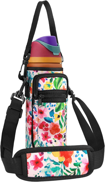 Neoprene Water Bottle Holder Bag with Cell Phone Pocket Compatible with Owala FreeSip 24 oz，Water Bottle Carrying Bag ，with Adjustable Shoulder Strap,for 24oz Stainless Steel Water Bottle