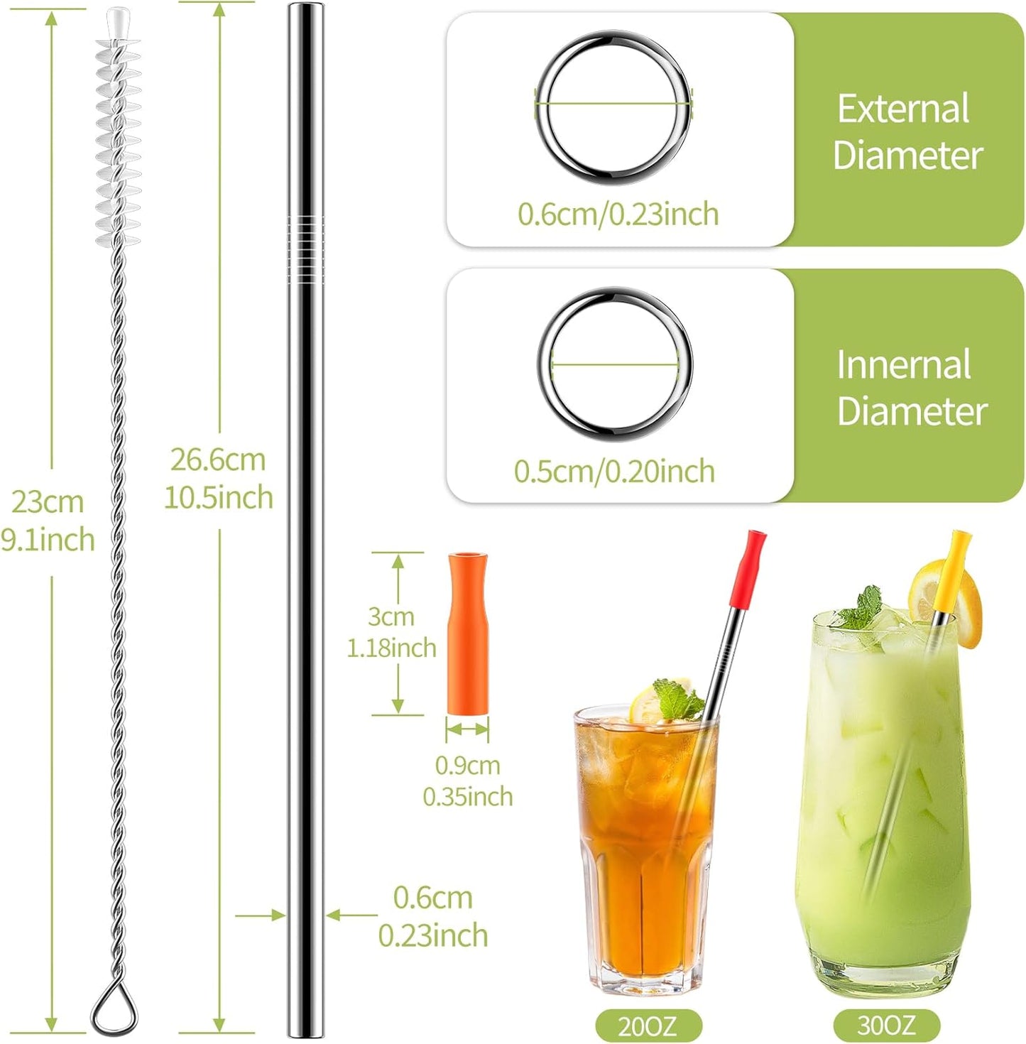Set of 10 Stainless Steel Straws, HuaQi Straight Reusable Drinking Straws 10.5'' Long 0.24‘’ Dia for 30 oz Tumbler and 20 oz Tumbler, 2 Cleaning Brush Included (10 Straight Straw + 2 Brushes）