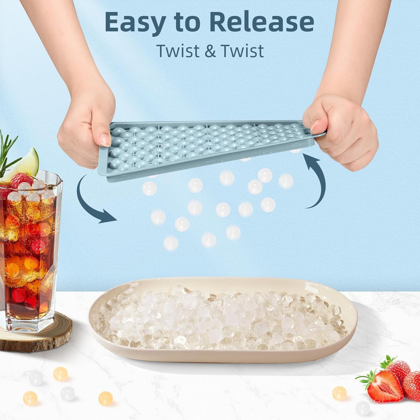 WIBIMEN Mini Ice Cube Trays, 0.55” Tiny Pebble Ice for Iced Coffee & Cocktails, Fast Chill, Easy Twist Release, Stackable with Lid & Storage Bin (4 Pack, Blue)