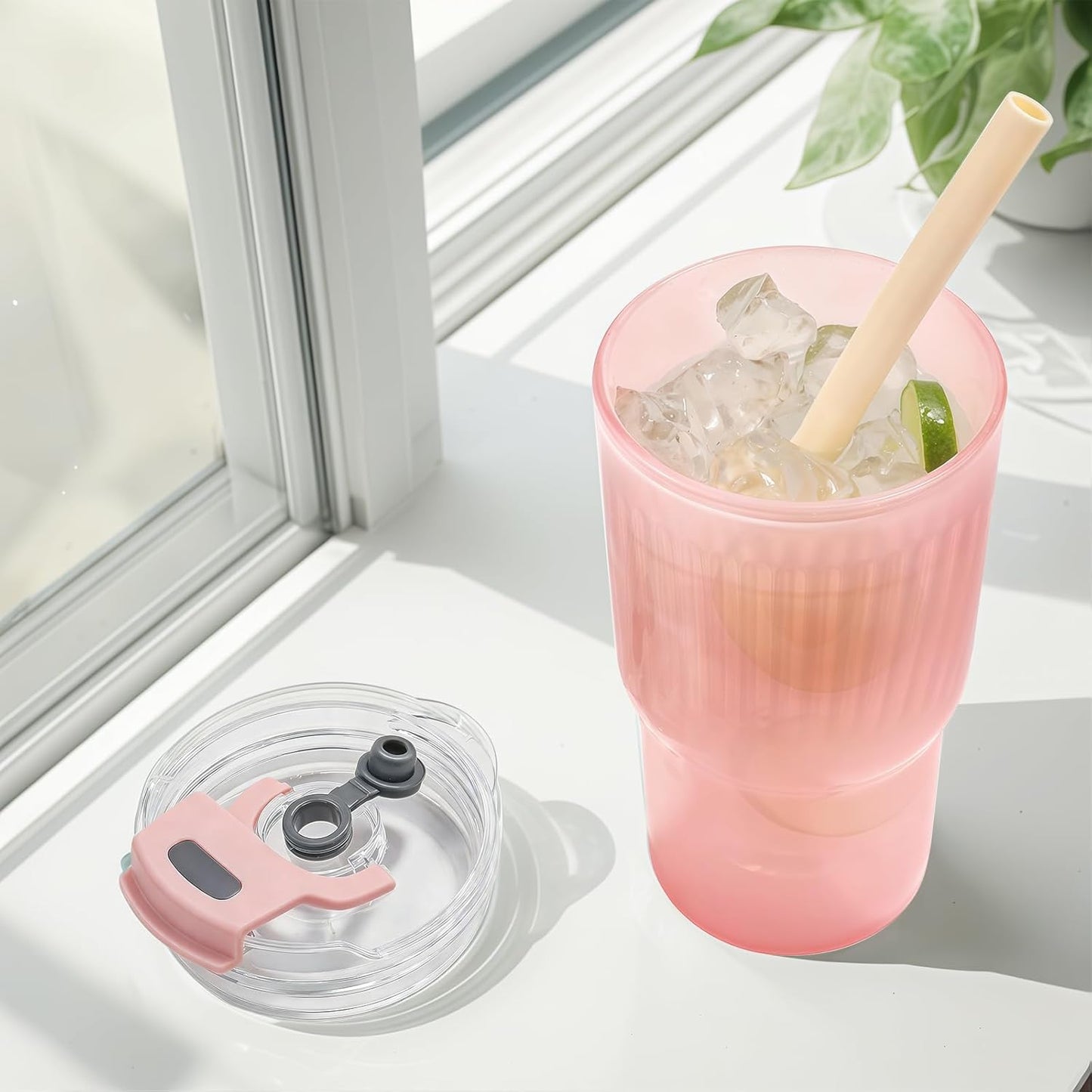 Iced Coffee Cups with Lids: Coffee Bar Accessories - Ribbed Glass Tumbler with Straw and Lid 4Pcs - 20oz Leak Proof Tumbler - Reusable Glass Cups and Tumblers with Lid and Straws for To Go Iced Coffee