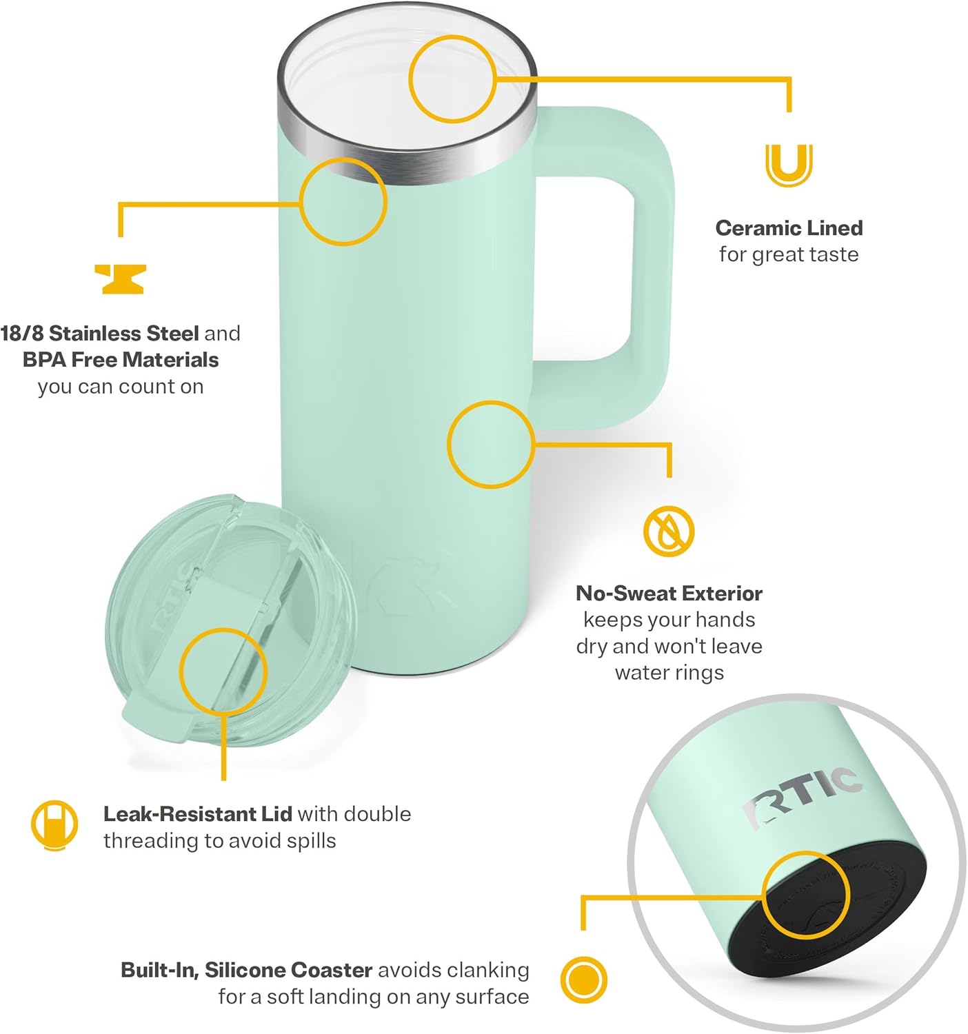 RTIC 20oz Road Trip Travel Mug with Lid and Handle, Ceramic Lined, Insulated, Stainless Steel, Metal, Double Wall Vacuum-Insulation, Portable Coffee, Tea Cup for Hot and Cold Drink, Black