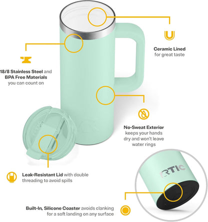 RTIC 20oz Road Trip Travel Mug with Lid and Handle, Ceramic Lined, Insulated, Stainless Steel, Metal, Double Wall Vacuum-Insulation, Portable Coffee, Tea Cup for Hot and Cold Drink, Black