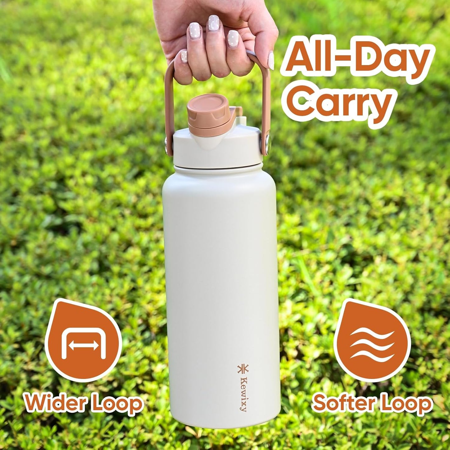KEWIXY 32 oz Insulated Water Bottle, 2-in-1 Lid, Straw & Spout with Protected, Leak Proof, Keep Cold, Stainless Steel, Metal, Reusable, Handle, for Outdoor, Gym and School, 2 Lids, Blush Pink