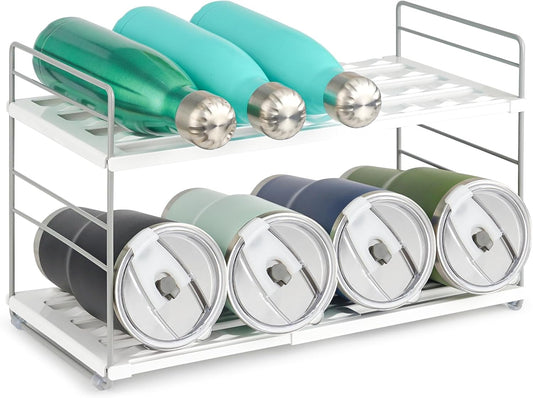 10.6-16.7" Adjustable Width Water Bottle Organizer for Cabinet, 3-Tier Expandable Water Bottle Holder Rack, Cup and Tumbler Storage for Kitchen Organization, Sports Flask, Insulated Travel Mug, Fridge