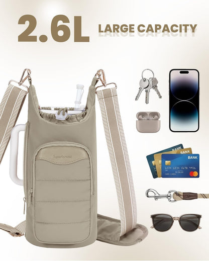 sportsnew Water Bottle Holder, Crossbody Insulated Cup Sleeve for 30oz/40oz Tumbler with Handle, Puffy Carrier Bag with Phone & RFID-Blocking Card Pocket & Drawstring Closure for Quick Access
