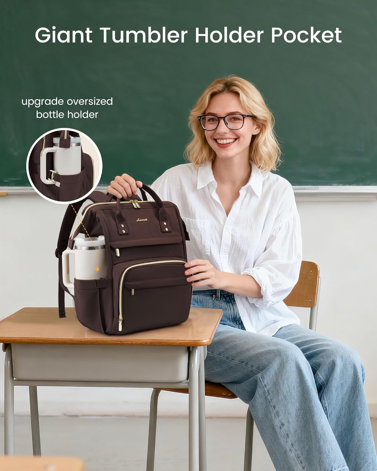 LOVEVOOK Laptop Backpack for Women with Giant Tumbler Holder Pocket,15.6 inch Waterproof Travel Backpack Purse Computer Laptop Bag,Professional Work College Nurse Teacher Backpack Casual Daypack,Black