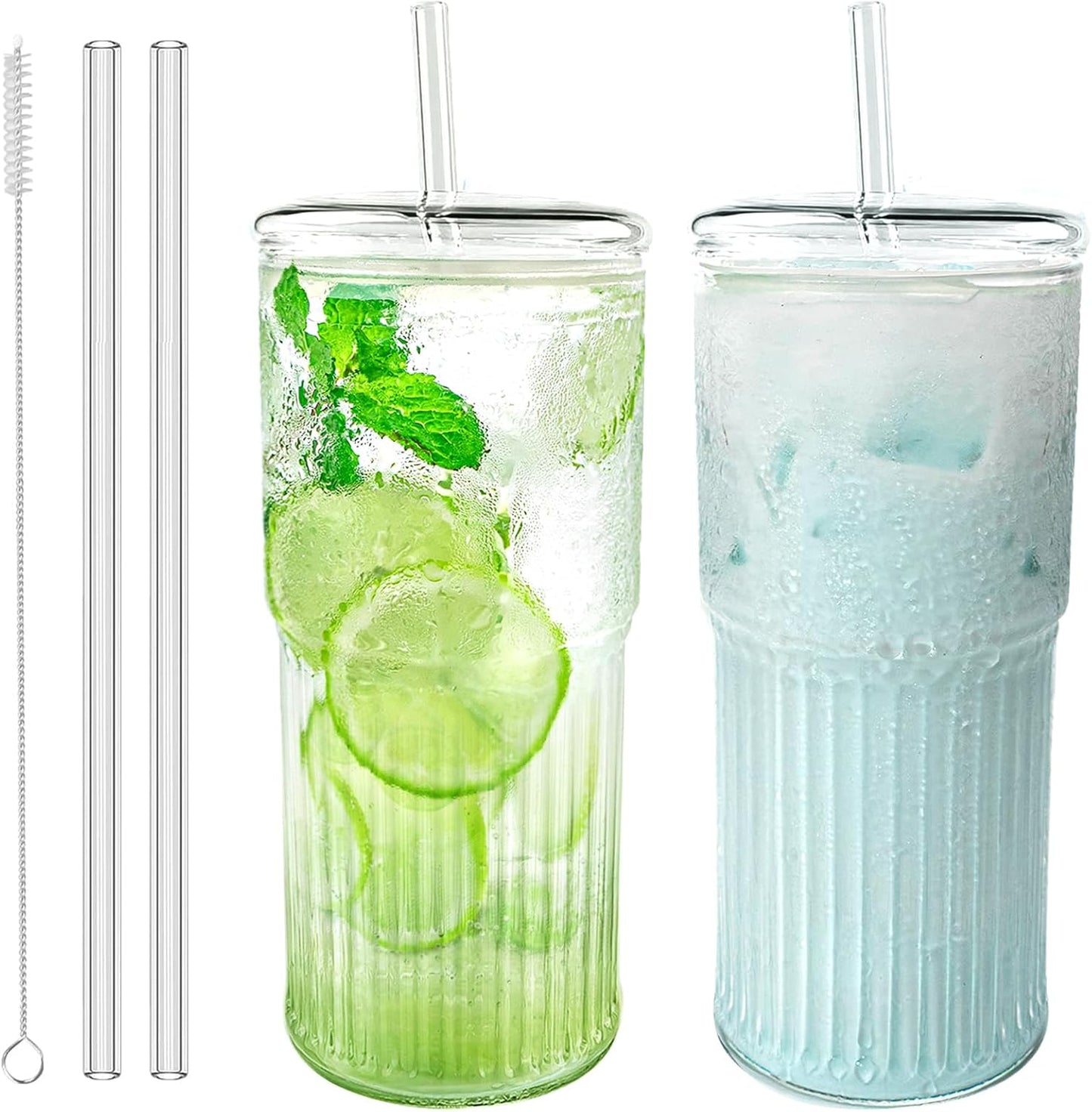 Luiaiog 20 oz Glass Cups with Lids and Straws – Single Reusable Tumbler, Thickened Shatter-Resistant Glass, Ideal for Iced Coffee, Smoothies, Cocktails, Juices – Elegant & Durable Drinkware