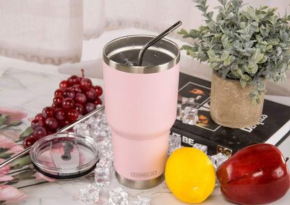 D·S 30oz Blue Tumbler Stainless Steel Double Wall Vacuum Insulated Mug with Straw and Lid, Cleaning Brush for Cold and Hot Beverages