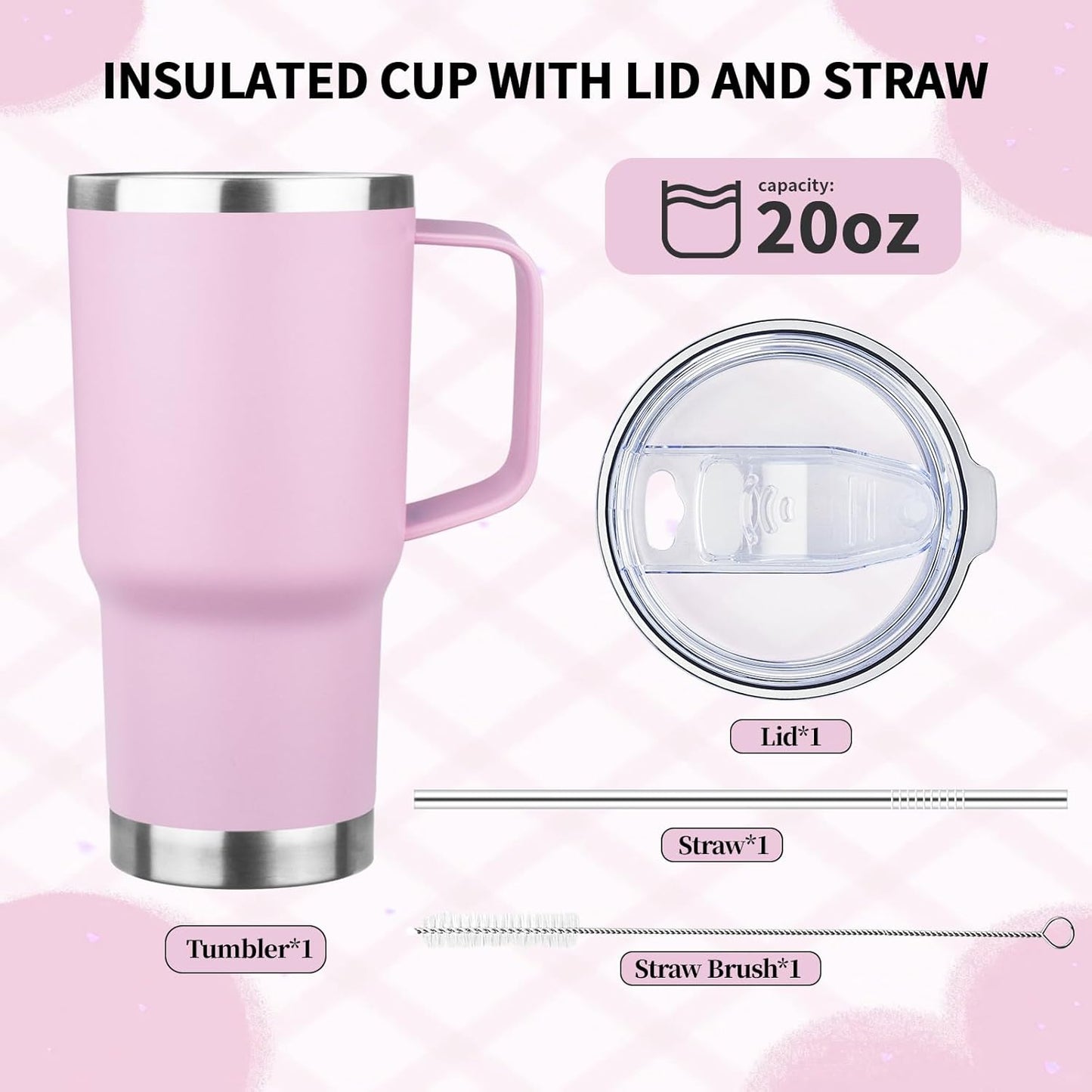 20oz Insulated Tumbler with Handle Stainless Steel Travel Coffee Mug with Lid and Straw Double Wall Vacuum Leak-proof Reusable Thermal Water Cup for Hot and Cold Drinks (Purple,1 Pack)