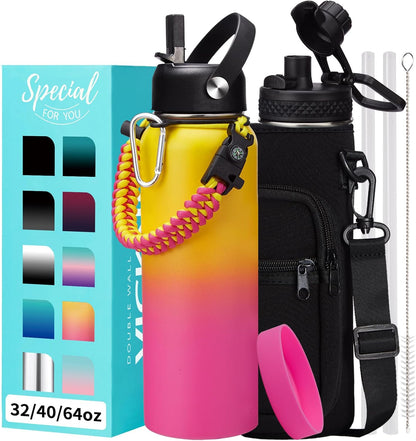 32/40/64OZ Insulated Water Bottle - Keep Cold 48H Hot 24H, Combo Straw/Spout Lids, Paracord Handle for Gym/Hiking, Carrier Bag +Strap, Cup Mat, BPA-Free Stainless Steel Flask Jug