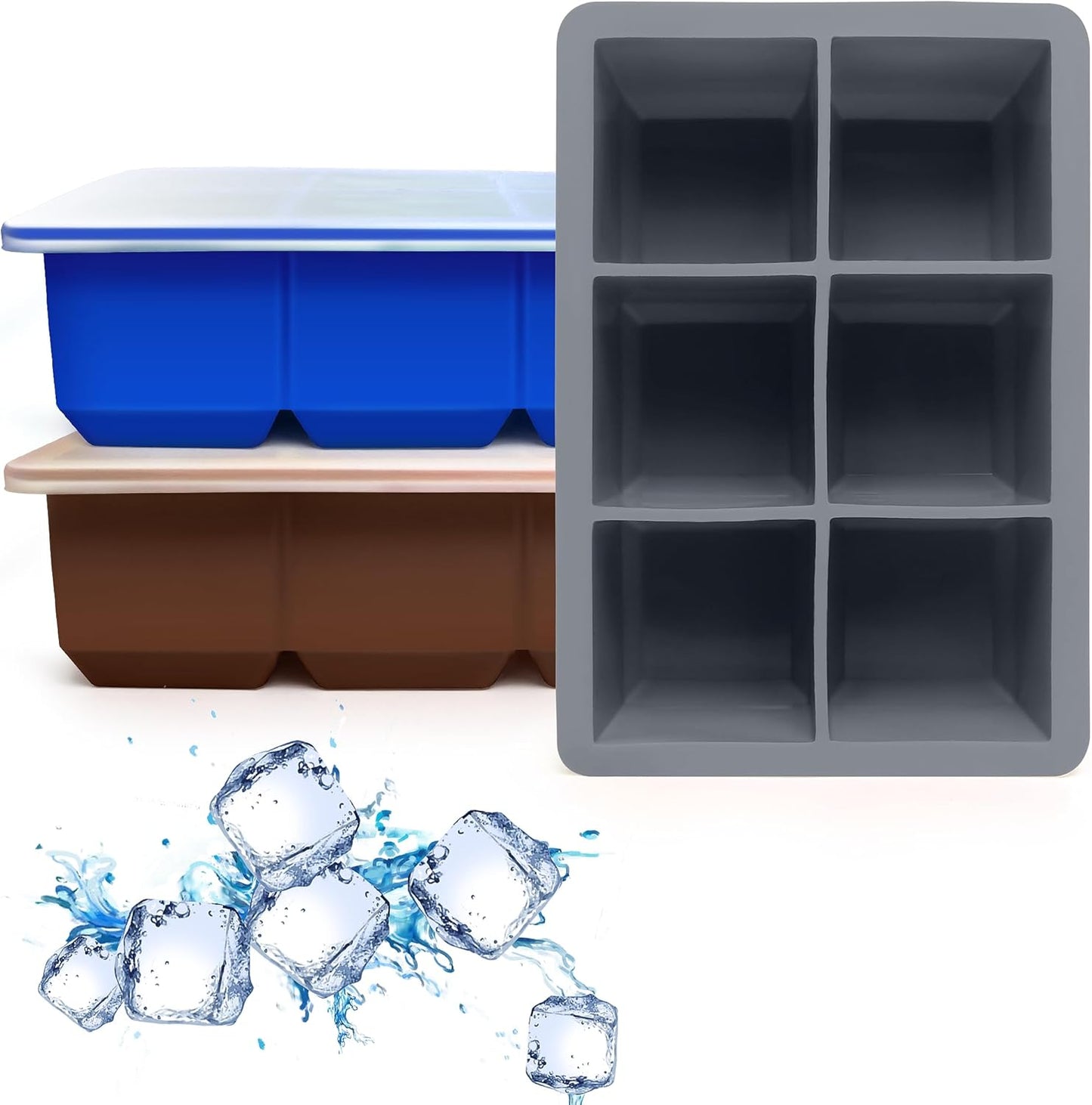 Excnorm Silicone Ice Cube Trays 3 Pack - Large Size Silicone Ice Cube Molds with Leak Proof Removable Lid Square Ice Cube Tray And BPA Free for Cocktail,Whiskey, Stackable Flexible Ice