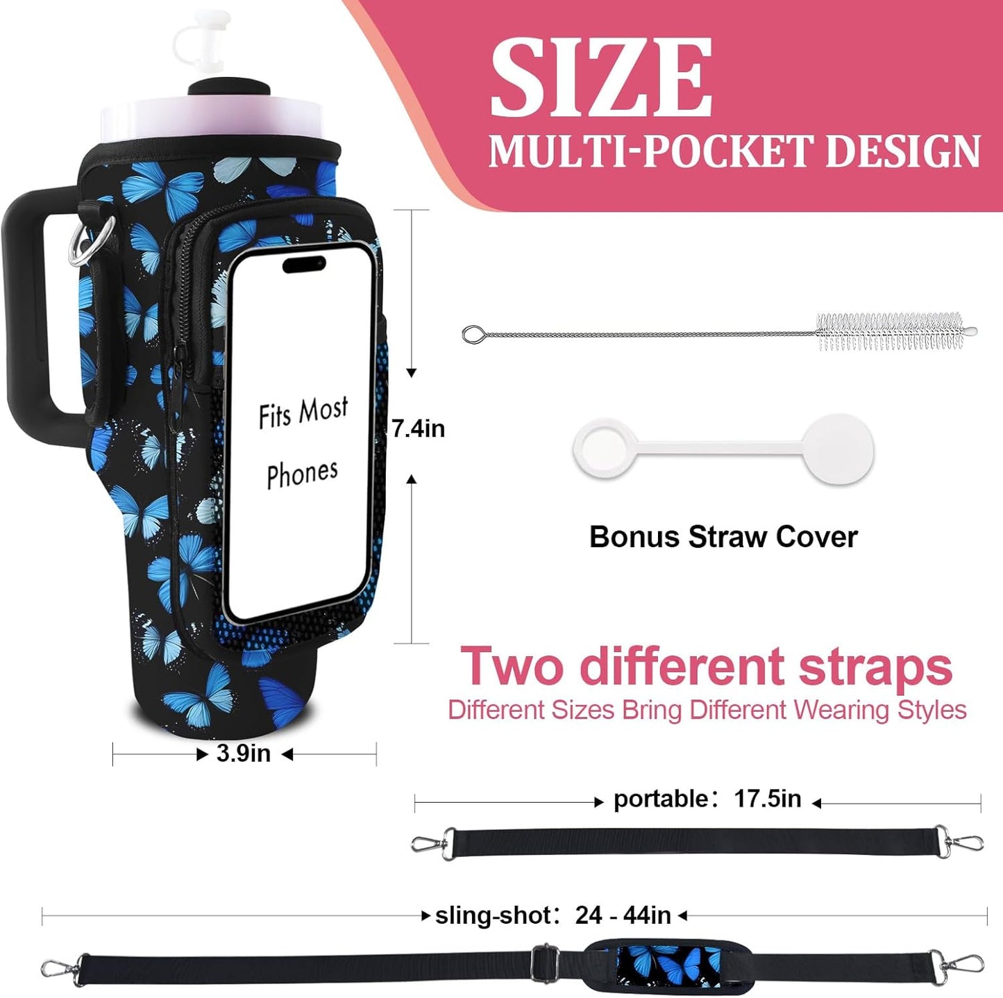 Stanley Carrier Bag for Stanley 40oz/30ozTumbler with Phone with 2 Adjustable Strap,3 Pockets Bottle Stanley Cup Carrier Bag & Case,Accessories for Hiking Travelling