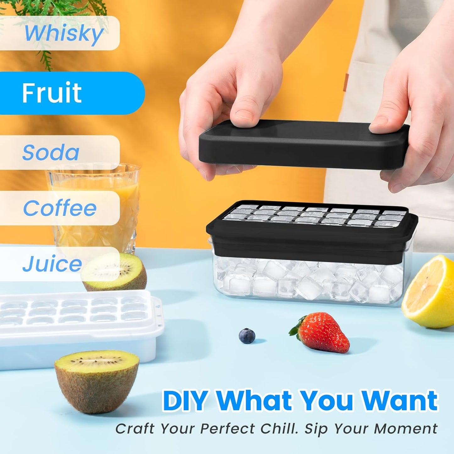 Ice Cube Tray with Lid and Bin, PHINOX 56 pcs Ice Trays for Freezer, Ice Cube Trays for Freezer with 2 trays, Container, Lid & Ice Scoop, BPA Free