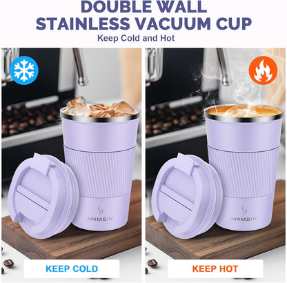 MOMSIV 12oz Travel Mug, Insulated Coffee Cup with Leakproof Lid, Travel Coffee Mug Vacuum Stainless Steel Double Walled Reusable Coffee Cup for Hot and Cold Water Coffee