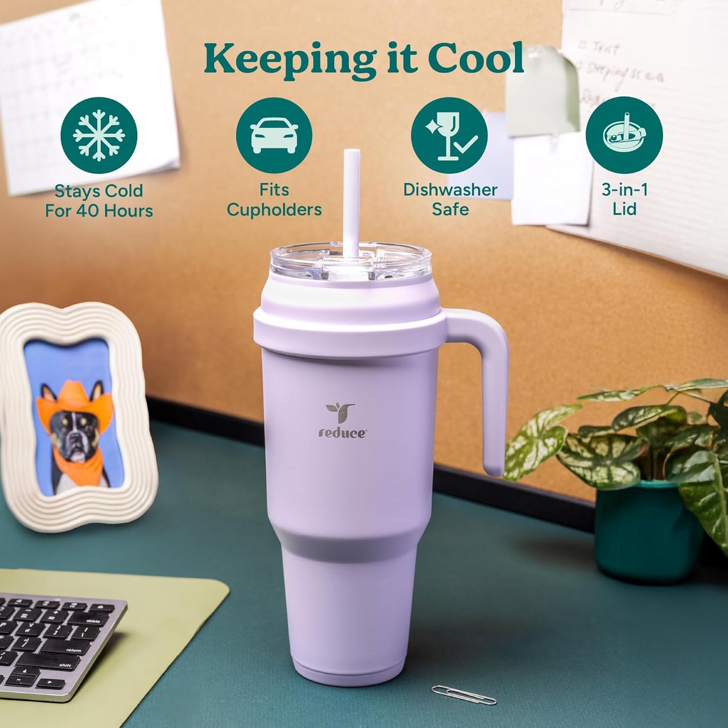 REDUCE 24 oz Stainless Steel Tumbler with Handle - Dual-Wall Vacuum Insulated Travel Mug, Sweat-Proof Lid & Reusable Straw - Keeps Drinks Cold for 24 Hrs, Fits Cupholders, Dishwasher Safe - Lilac Bud
