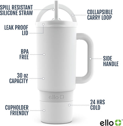 Ello Port 40oz Tumbler with Carry Loop & Integrated Handle, Vacuum Insulated Stainless Steel Reusable Water Bottle, Travel Mug with Leak Proof Lid & Straw, Perfect for Iced Coffee & Tea, White