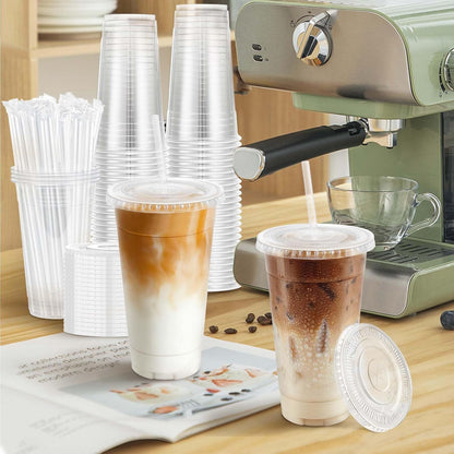 Clawsoff 100 Pack 20 oz Disposable Clear Plastic Cups with Lids and Straws, Leak-Proof Sturdy Cold Drink Cups for Iced Coffee, Smoothies, Juice, Parties & Business