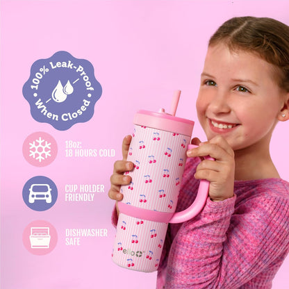 Ello Oasis 18oz Kids Tumbler with Handle & Retracting Straw, 100% Leakproof Reusable Insulated Stainless Steel Cup, Gifts for Teens Girls Boys, Keeps cold for 18 Hours, Cup Holder Friendly, Glacier