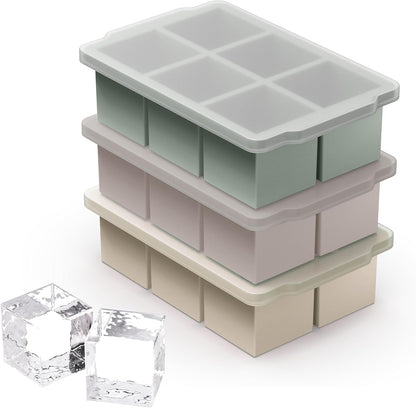 VLM 3 Packs Large Ice Cube Molds with Stackable Lid,Silicone Ice Cube Tray for Freezer,Big Square Ice Tray for Whiskey,Cocktails,Bourbon and Soups (Neutral)