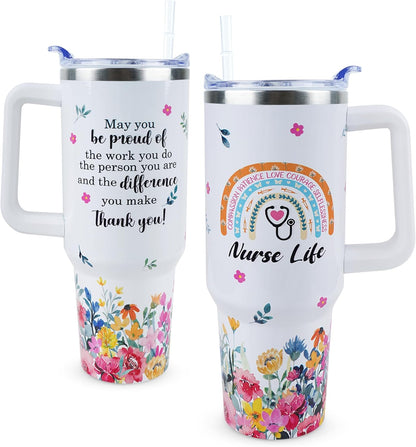 40 oz Tumbler with Handle and Straw Lid Leak Proof | You're Awesome Inspirational Mother's Day Birthday Gifts for Women Men Coworker Friends | Stainless Steel Cup Dishwasher Safe