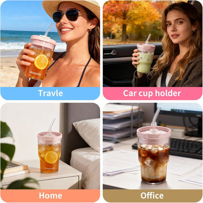 BLUEPOLAR Iced Coffee Glasses with Lids and Straws,Car Cup Holder Friendly, Leakproof Portable Tumblers for Cold Brew, Juice & Smoothie, Ideal for Travel, Office & Gym, BPA-Free (16oz-Pink)