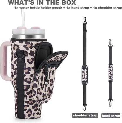 BULKITEM Water Bottle Carrier Bag with Phone Pocket for Stanley 40 & 30 oz Tumbler with Handle,Pink Insulated Neoprene Cup Holder Pouch w/Adjustable Strap for Quencher H2.0 Stanley Cup Accessories
