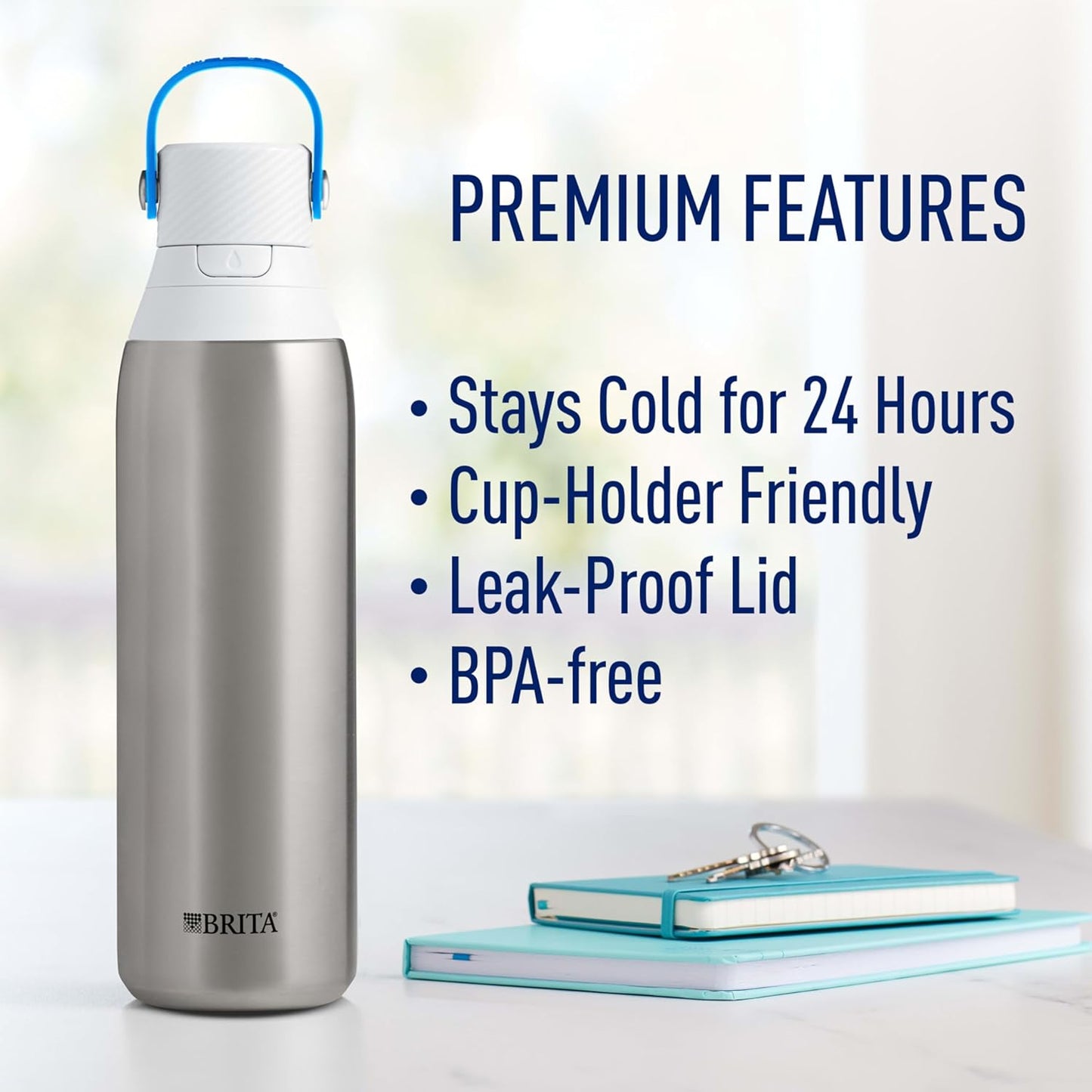 Brita Stainless Steel Premium Filtering Water Bottle, BPA-Free, Reusable, Insulated, Replaces 300 Plastic Water Bottles, Filter Lasts 2 Months or 40 Gallons, Includes 1 Filter, Glacier - 20 oz